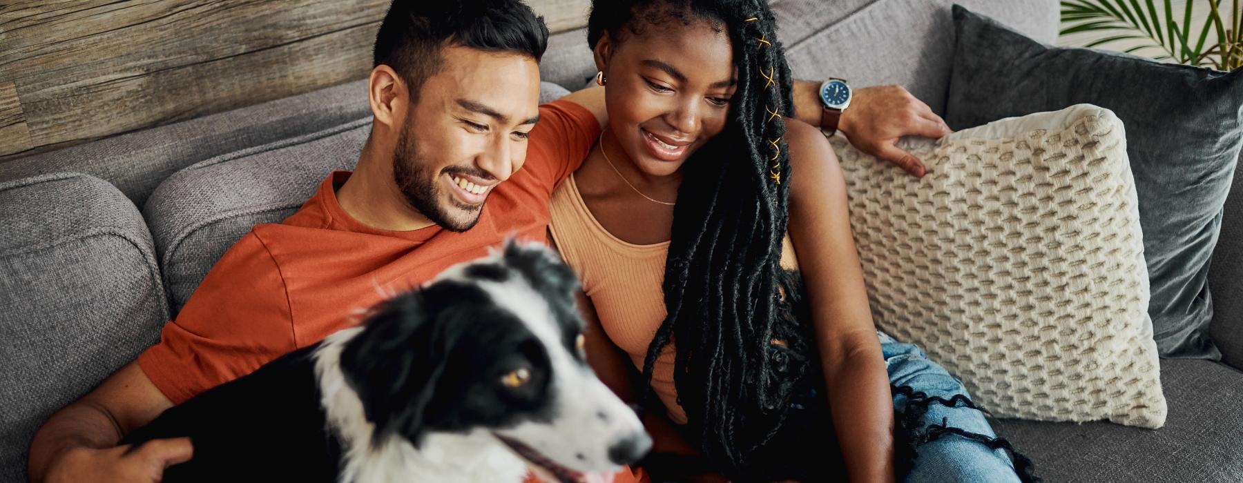 a man and woman sitting on a couch with a dog